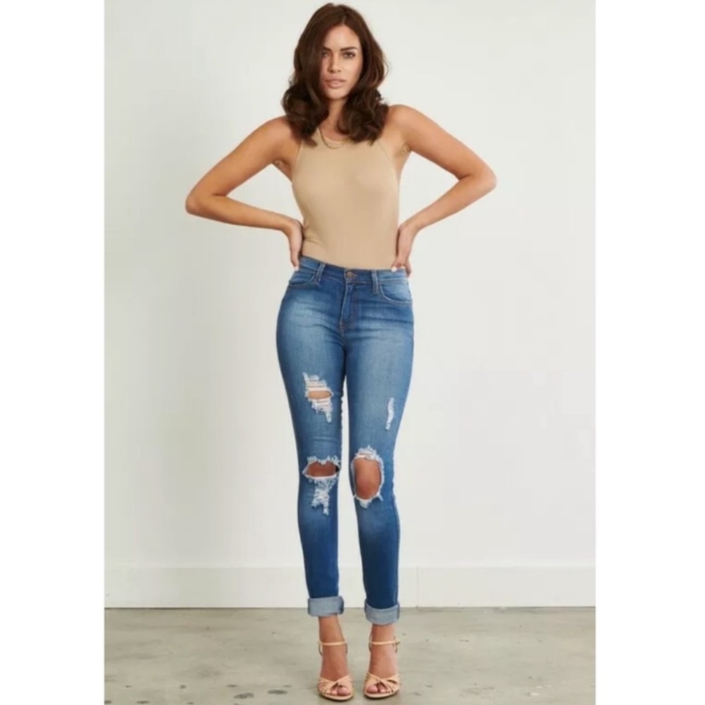 CLEARANCE Destroyed Ripped Mid Rise Stretch Skinny Jeans - Picture 3 of 8